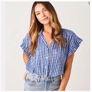Trovata Birds of Paradise Marianne Top Women's Sz Small Ruffle Blue Gingham